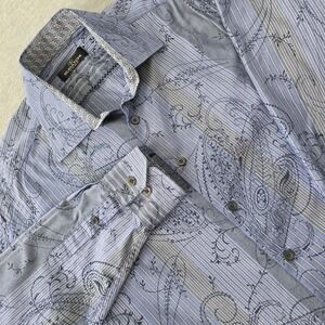 BUGATCHI UOMO Men's Dress Shirt Blue Paisley Stripe Long Sleeve Button Up Size L